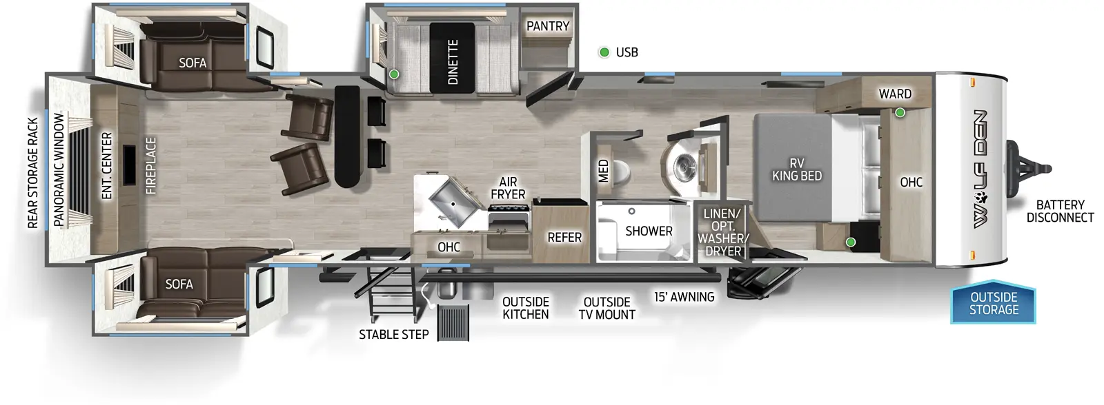 The Cherokee Black Label 306MMBL floorplan has two entries and three slide outs. Exterior features include: fiberglass exterior, 15' awning and outside kitchen. Interiors features include: front bedroom and rear living.
